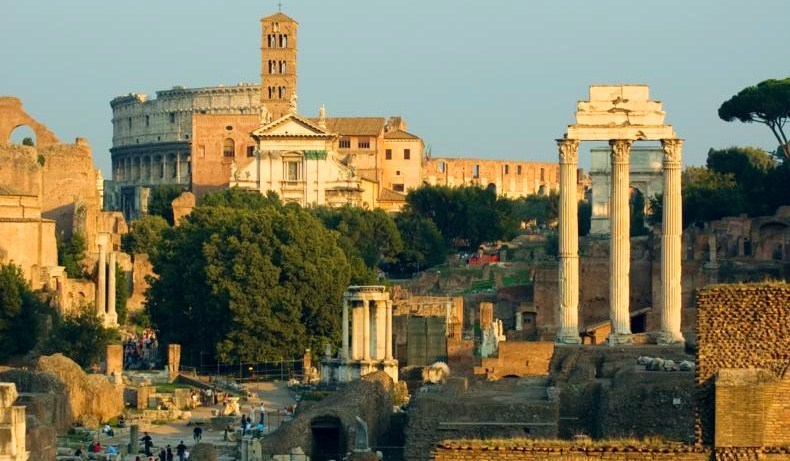 The forum and colosseum at sunset